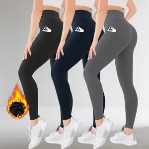 High Waist Fleece-Lined Leggings High Elastic Slim Fit Tummy Control Butt Lift Warm Slimming Outerwear Tight Pants Women Autumn Winter Pocket Sports Yoga Pants