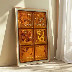 Amber Glass Tile Wall Art - Retro Orange Abstract Poster - Warm Textured Grid Print - Modern Minimalist Home Decor No Frame