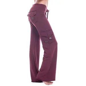 Yoga Pants with Elastic Waist, Button & Pocket, Comfortable Loose Fit, Slimming Effect, Bell-Bottom Legged Sweatpants