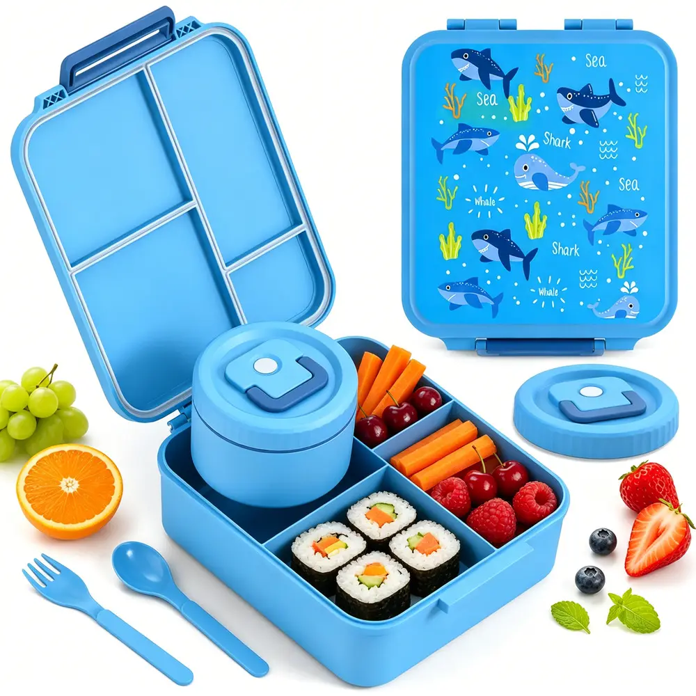 Divided Serving Tray with Lid Cartoon Printed Food Storage Vessel, Secure Airtight Seal Anti-Slip Base, Reusable Snack Box for Picnic Camping School Office