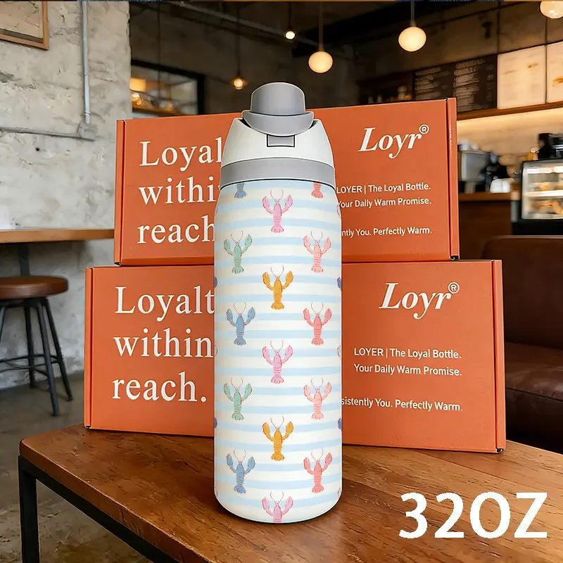 Loyr 32oz Dual Drink Water Bottle, Lobster Pattern Insulated Tumbler, Stainless Steel, Perfect Gift, Outdoor & Daily Use, Drinkware