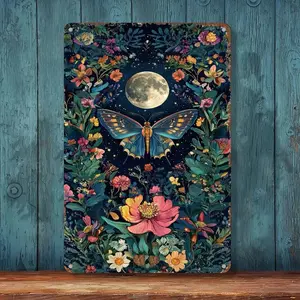 Moon Butterfly Floral Night Sky Metal Wall Art - 8x12 Inch Retro Aluminum Wall Decor for Bedroom, Living Room, Office - Boho Vintage Gift for Nature & Butterfly Lovers