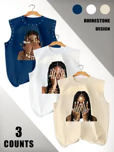 3-Pack Men's Street Style Graphic Portrait Print Fitted Stylish Tank Tops, Rhinestone Design at Neck and Sleeves, Essential Sleeveless T-Shirts for Wardrobe
