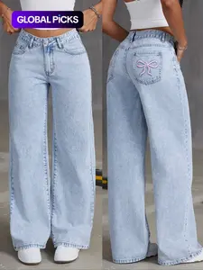 Women's Light Blue Embroidered Denim Jeans, Loose Fit High Waist Wide Leg Jeans, Casual Fashion Bottoms for All Seasons, Women's Stylish Clothing, Embroidery, Pants