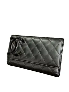 Pre-owned CHANEL Cambon Line Quilted Lambskin Long Bifold Wallet Black Enamel CC Logo