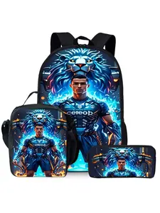 Football star printed backpack three-piece set, including lunch bag, pencil case, and backpack, Backpack for School