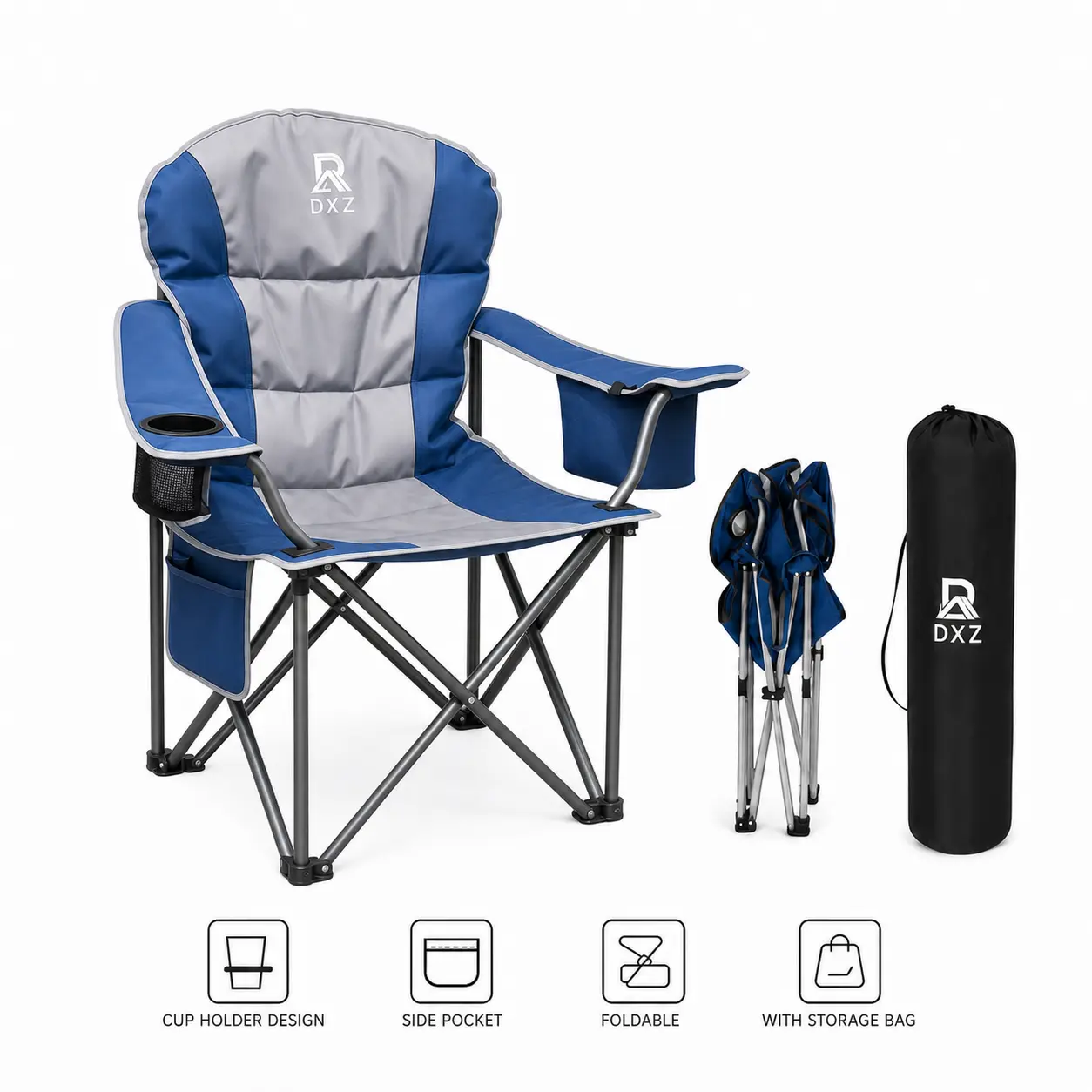 DXZ Oversized Padded High Back Camping Chairs, Heavy Duty Folding Chair Support 400LBS with Cooler Bag,Cup Holder Cooler Bag, Collapsible Chairs for Outdoor, Tailgate, Fishing