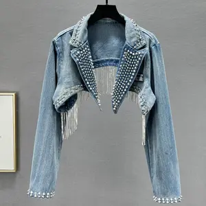 Rhinestone Beaded Tassels Rivets Denim Jacket Short Crystal Fringed Backless Jeans Coat Diamonds Cowboy Cardigan Sequins Tops Womenswear Outerwear