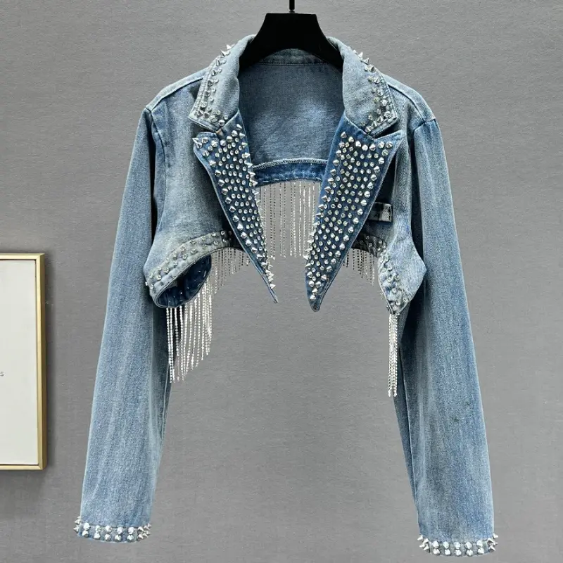 Women's Cropped Denim Jacket, Western Style with Rhinestone Beaded Tassel Fringe and a Backless Design Outerwear, Clothes