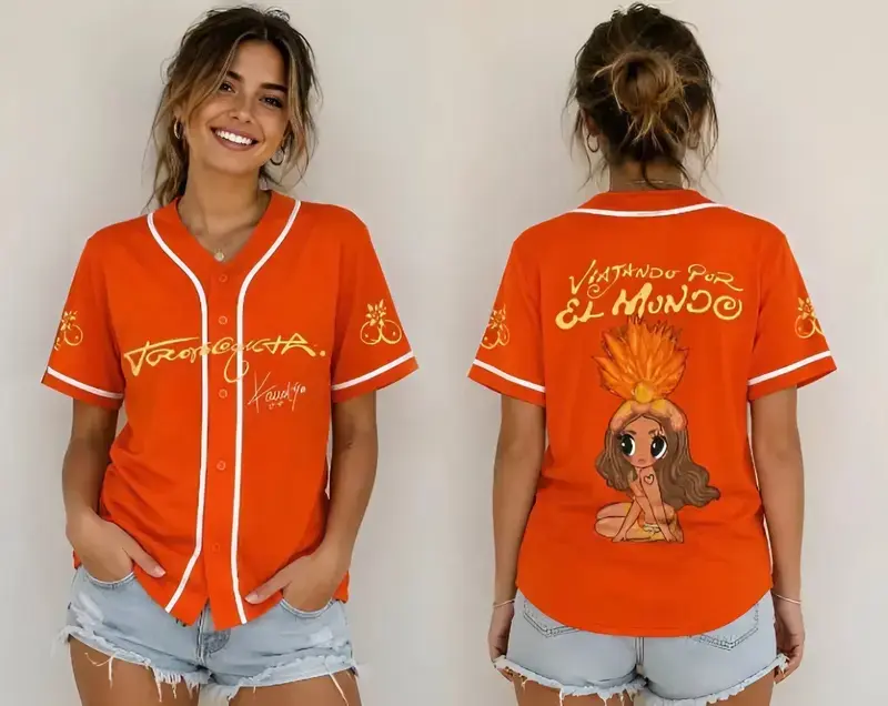 tropical baseball jersey,vibrant orange summer shirt,latin graphic merch,beach concert outfit,vintage pinup girl top,button down sports shirt,unisex streetwear jersey,y2k aesthetic clothes,latin music fan gift,oversized baseball shirt,retro carnival top