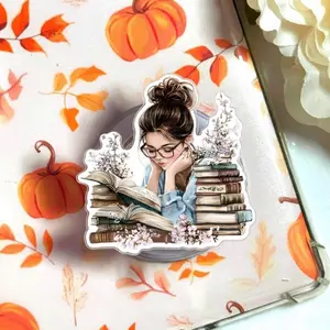 Cozy Book Lover Girl Reading with Stacked Books Magsafe Phone Grip - Magnetic Pop Socket & Kickstand - Reader Gift