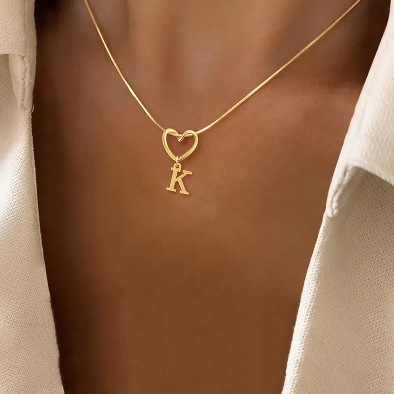 Heart Initial Pendant Necklace for Women, Classic Stainless Steel Snake Chain, Casual Style, All Seasons Jewelry, New Arrival