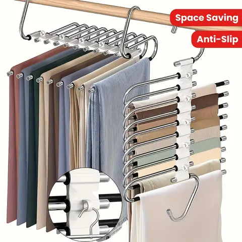 9-Tier Stainless Steel Multifunctional Hanger - Foldable, Non-Slip Coating, 5 Extra Hooks, Space-Saving Closet Organizer for Hanging Trouser, Yoga Pants, Leggings, Jeans