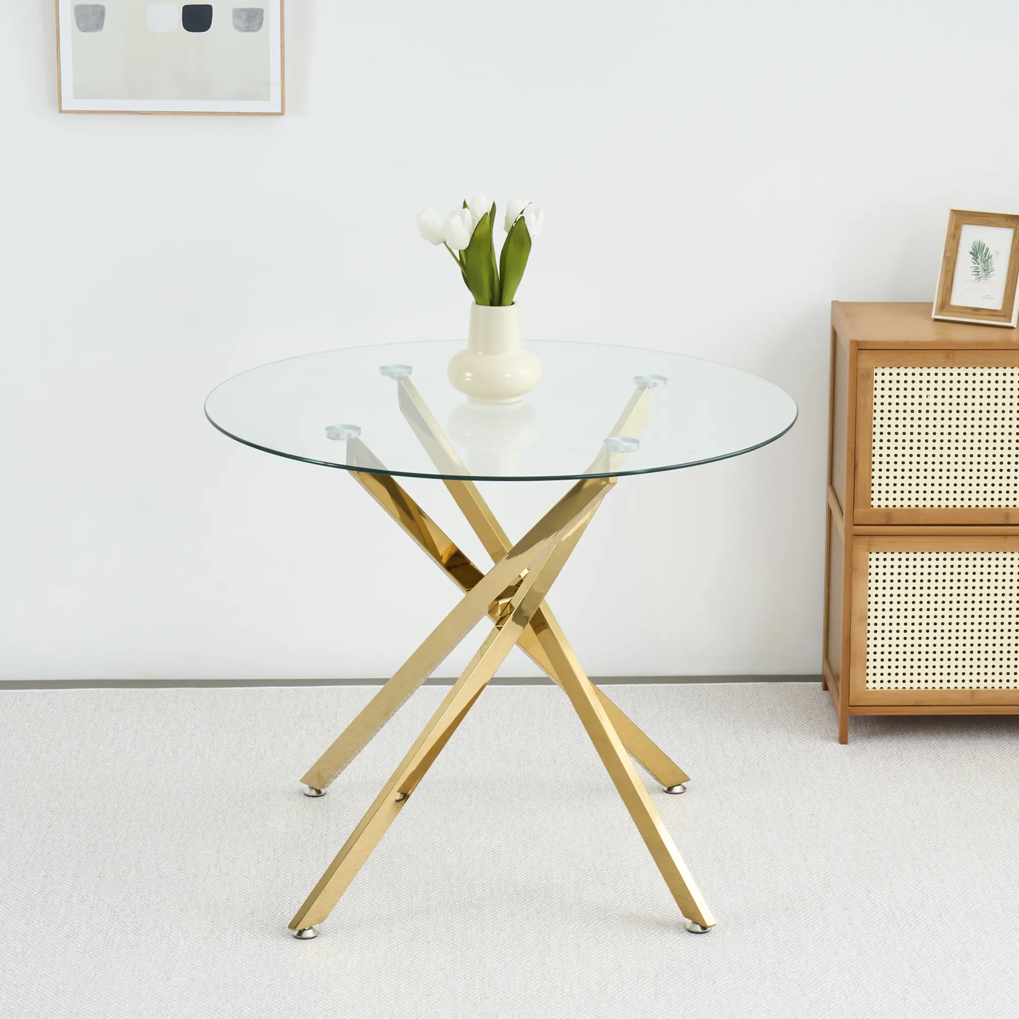 Modern Glass Top Table with Gold Cross Base for Living Room Decor