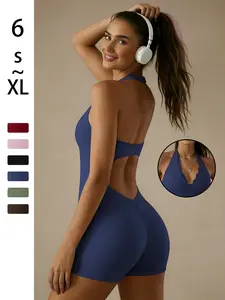 Women's Halter Backless Workout Bodysuit, Deep V Lace Trim Tummy Control Sports Jumpsuit, Soft Skin-Friendly Yoga Shorts Tight Fit