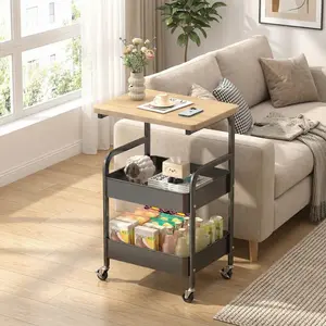 3 Tier Metal Rolling Utility Cart, 3 Tier Rolling Cart with Wooden Table Top & 2 Lockable Wheels, Roller Carts Organizer for Kitchen, Bathroom, Dorm, Coffee, Craft, Black