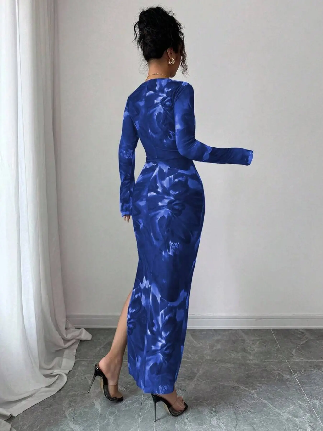 Women's Elastic Mesh Floral Bodycon Dress, Long Sleeve, Fashionable Women's  Design, Cross Knot V Neck, Slim Fit with Slit, Elegant, Suitable for Daily  Wear, Commuting, Dates, Parties, Chic, Formal Elegant Dress -
