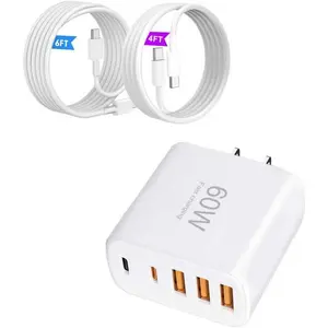 USB C Wall Charger Block, 60W 5-Port   Adapter with 4FT & 6FT ,3 USB A & 2 USB C Multiport Wall Plug Power Brick Box for i Phone 15/16/17 Pro Max Plus/S25/S24/S23