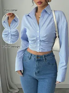 Women's Striped Button Front Short Shirt, Waist-Cropped Pleated Collar Long Sleeve Top, Casual Street Style Slim Fit Fashion