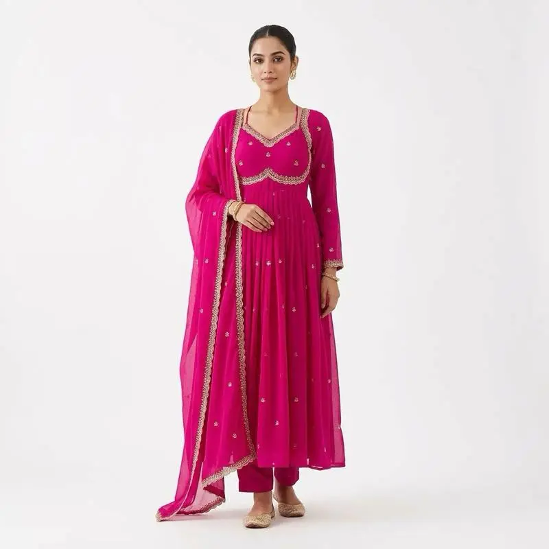 Women's Pink Indian Casual Maxi Dress - Soft Fabric, V-Neck, Embroidery Adds Luxe Touch, Modest & Chic, Decorative Sleeve Embroidery, Colorful Designer Pattern, Summer Casual Wear, Colorful Designer Pattern Casual Dresses