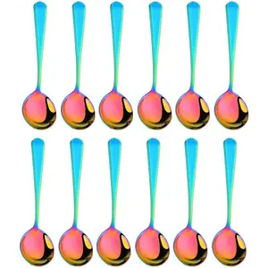 Broth Round Spoon Set, 12-  Stainless Steel Dinner Table Cereal Soup Spoon, Camping Ramen Spoons Rainbow Color