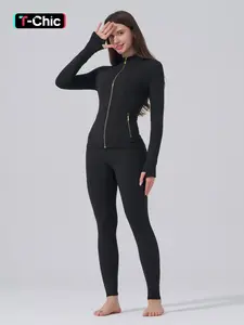 Women's Sporty Tracksuit Set (Gardenia Fragrance), Golden Zipper Jacket with Pockets & Yoga Pants, Thumbholes Design, Casual Wear for Women, Athletic Tracksuit Set