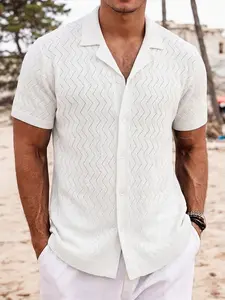 Men's Premium Resort Knit Shirt - Camp Collar Short Sleeve Chevron Openwork Textured Button Down Lightweight Breathable Summer Casual Wear