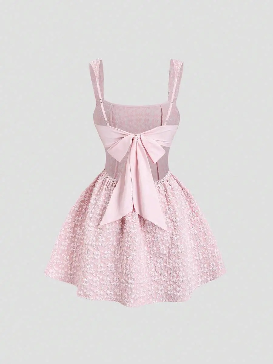 ROSSIE Sweetro Elegant Floral Fabric Waist Cinched Sexy Backless Princess Style A Line Dress Pink