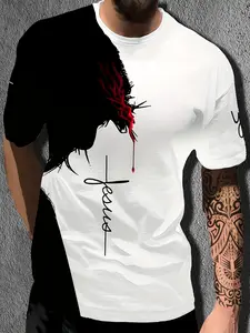 Men's Spring & Summer Jesus Religious Style Black & White Color-Block Print Crew Neck Short Sleeve T-shirt, Adult Personality Casual Wear, Faith Theme Pattern, Stylish Men's Look, Perfect Gift Choice
