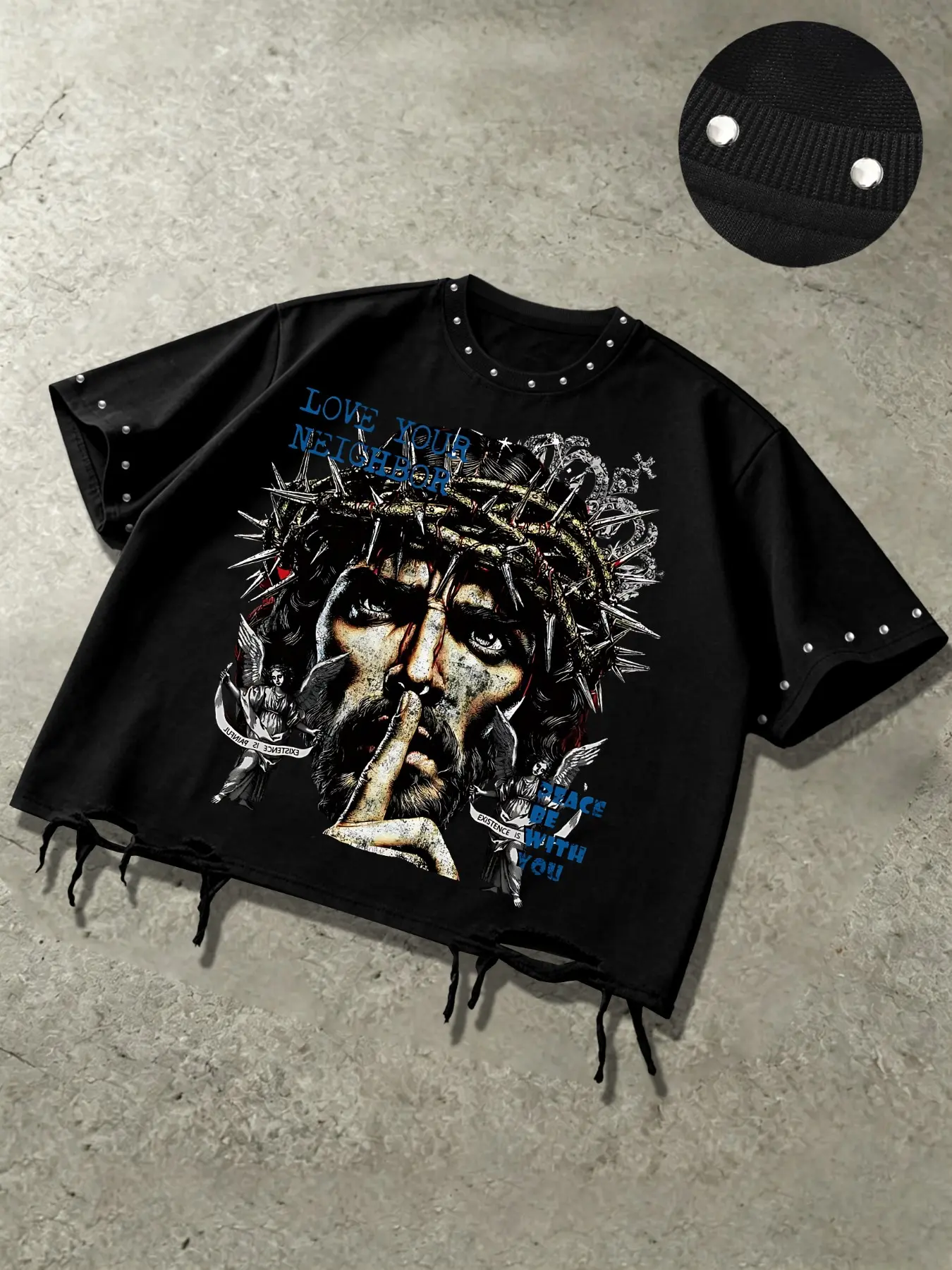 Men's Casual Streetwear Short Sleeve T-Shirt, Ripped Hem + Portrait Print, Regular Fit, Ideal for Daily Wear, Perfect for Spring and Summer