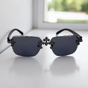 Moissanite Sunglasses Triple Cross Unisex Fashion Stylish Trendy Eyewear UV Protected Black Lenses 5.5 Inch Black Frame with FDA Approved Features