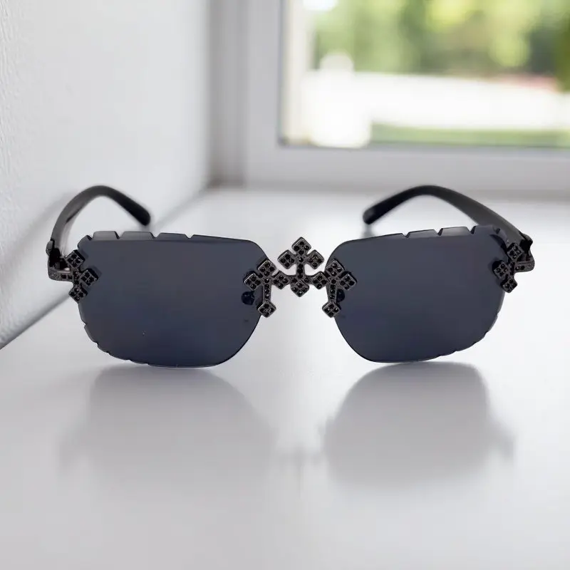 MaxBling81 Unisex Rimless Edgeless Aesthetic Chic Contemporary Sunglasses - Moissanite Triple Cross Style, 5.5 in PC Plastic Frame, UV Protection Black Lenses, FDA Approved Fashion Eyewear, Edgeless Men's Sunglasses, Aesthetic Men's Sunglasses