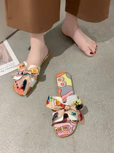 VIBEFASH Women's Orange Nautical Print Slide Sandals, Large Bow Open Toe Flat Sandals, Trendy Summer Party Casual Footwear, Bohemian Sandals