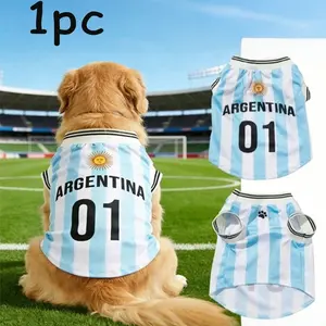 Argentine Pet Soccer Jersey for Dogs and Cats, Striped Design with Numbers and Letters, Ribbed Sleeves and Hem, Suitable for All Breeds