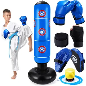 7 Pcs Kids Punching Bag Set Including Boxing Gloves Inflatable Punching Bag Hand Wraps Hand Pads Air Pump, Kids Boxing Training Set for Karate Kickboxing Taekwondo
