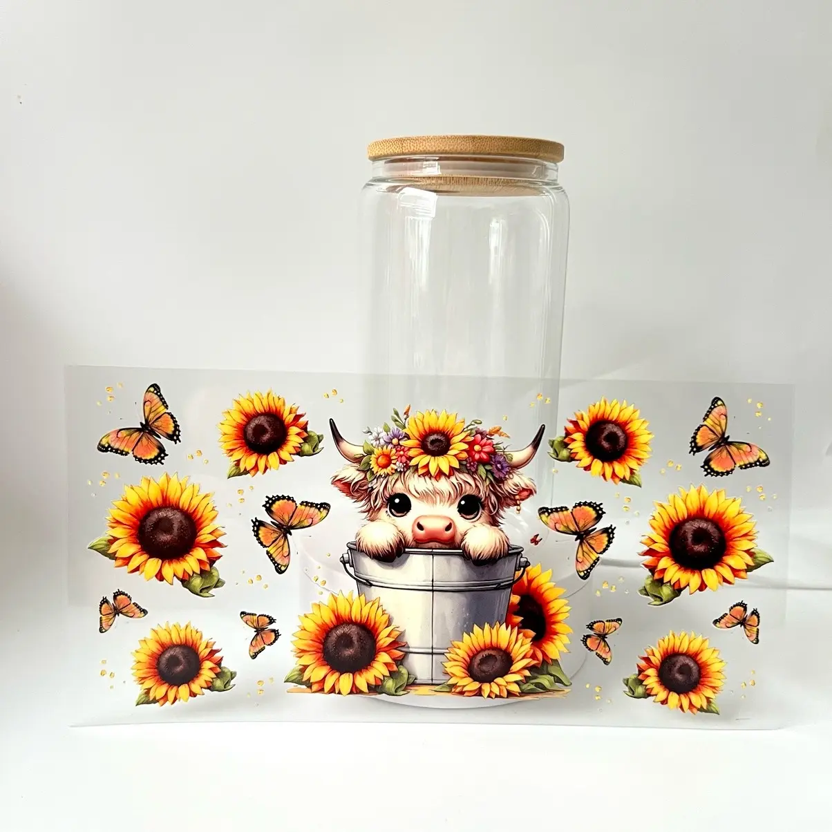 Baby highland cow sunflower glass cup