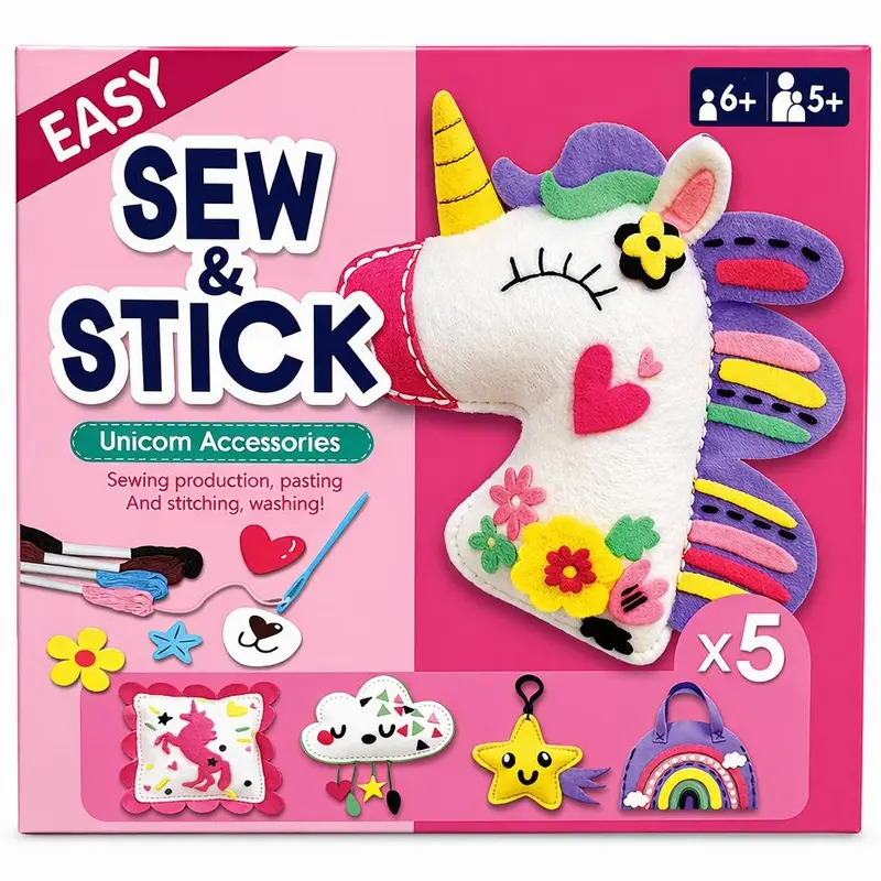 My First Sewing Kit for Beginner Kids Arts & Crafts, 5/6/8 Easy DIY Projects of Stuffed Animal Dolls and Plush Pillow Craft, Instructions & Felt, Gift for Girls, Boys, Learn to Sew, Embroidery