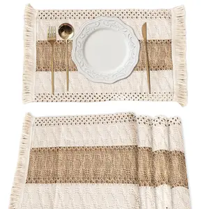 Boho Placemat Tableware Set of 4 Table Decor and Farmhouse Style Placemats Natural Cotton Burlap Coasters for Dining Table Wedding Party Decorations