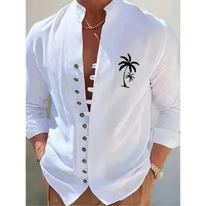 Men's Palm Print Mandarin Shirt cute shirts Casual Printed Casual Western Style