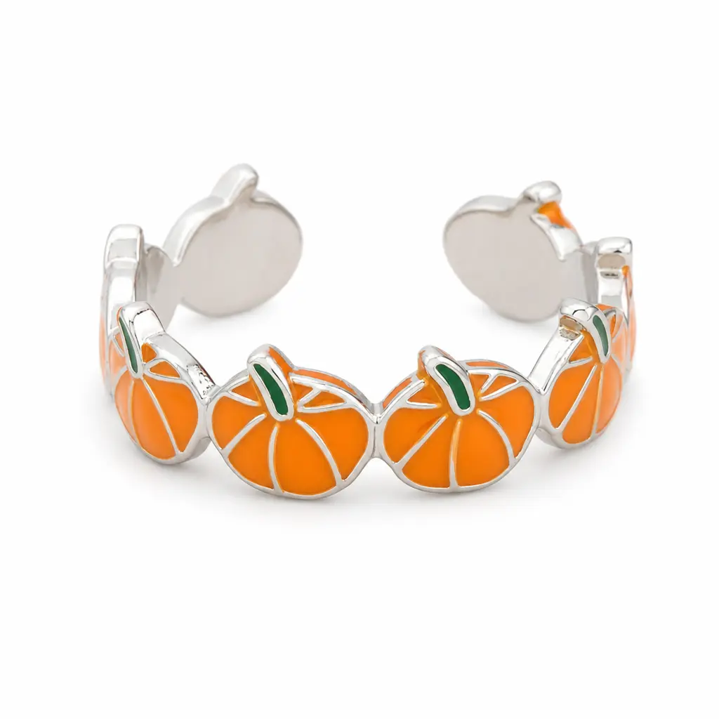 Halloween Orange Pumpkin Band Ring for Women, Plastic Resin Cute Fall Ring with Green Stem Details, Spooky Season Novelty Fashion Jewelry