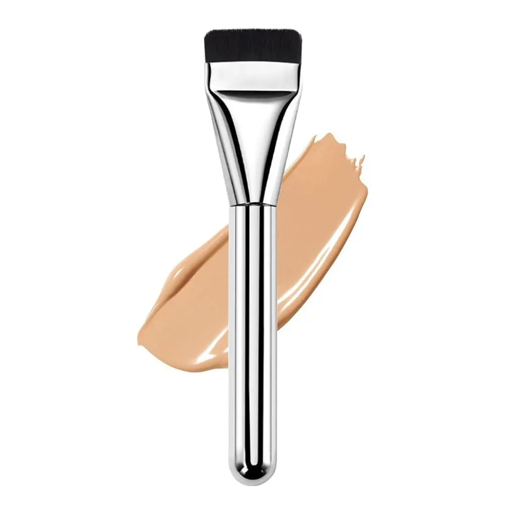 Silver Foundation Brush, Flat Top Makeup Brush for Liquid Cream Powder, Premium Synthetic Bristles, Face Blending Makeup Tool for Flawless Coverage