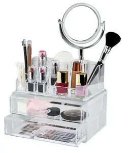 Clear Makeup Organizer with Vanity Mirror, 15 Easily Sort Compartments & 2 Drawers, Acrylic Compact Makeup Organizer for Cosmetics & Jewelry