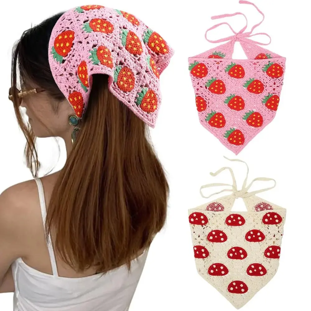 Unisex 2-Piece Hand-Crochet Twilly Scarf Bag Accessory, Soft Knitted Yarn, Adjustable Strap, Fruit & Strawberry & Mushroom Motifs, Skin-Friendly for Casual Use