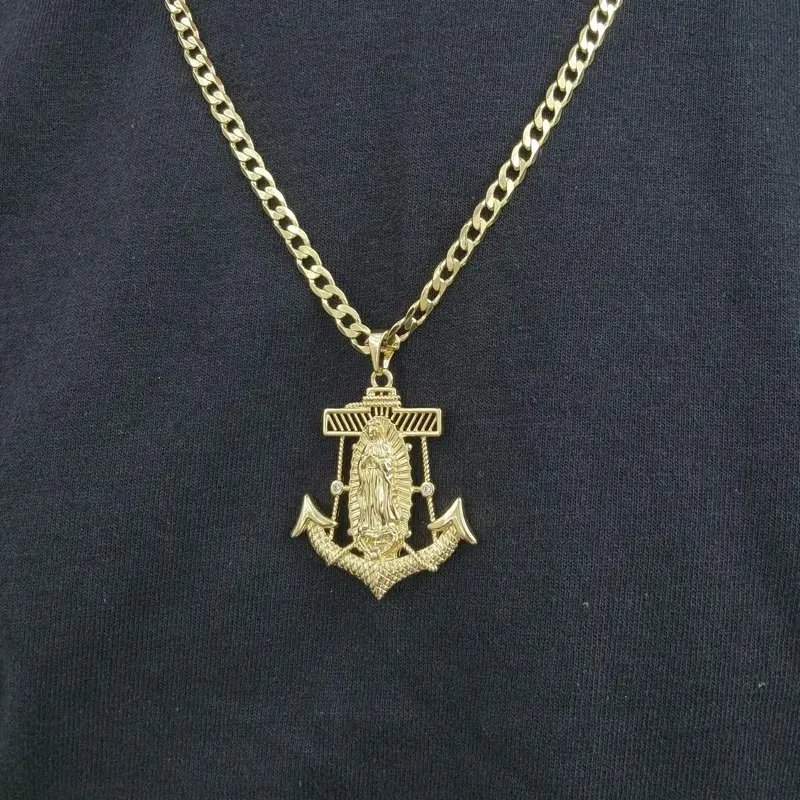 ViOrO 14K Gold Plated 5mm Cuban Link Chain and  Virgen Anchor Pendant for Dairy Use. Electro Laminated Premium Jewelry