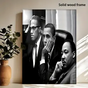 Inspirational Black History Canvas Wall Art - Three Portraits of Barack Obama, Martin Luther King Jr., and Malcolm X from the 2016 Election Campaign - Bohemian Style Wooden Frame - Decorative Hanging for Living Room, Bedroom, Home Office, Inspirational Wa