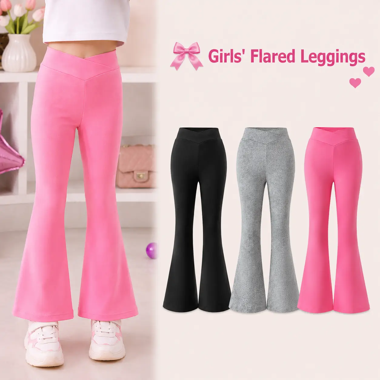 Toddler Girls' 3-Pack Solid Color High Waist Flare Leggings - Toddler Style, Polyester Fits, No Belt, Stretch Yoga Pants for School, Dance, Casual Daily Wear, Travel