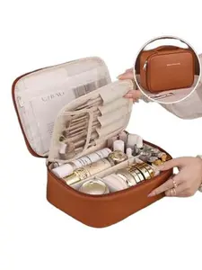 Leather Travel Makeup Bag, Portable Cosmetic Storage Pouch, Waterproof Dual-Layer Large Capacity, Ideal for Vacation Business Trips Bathroom Use