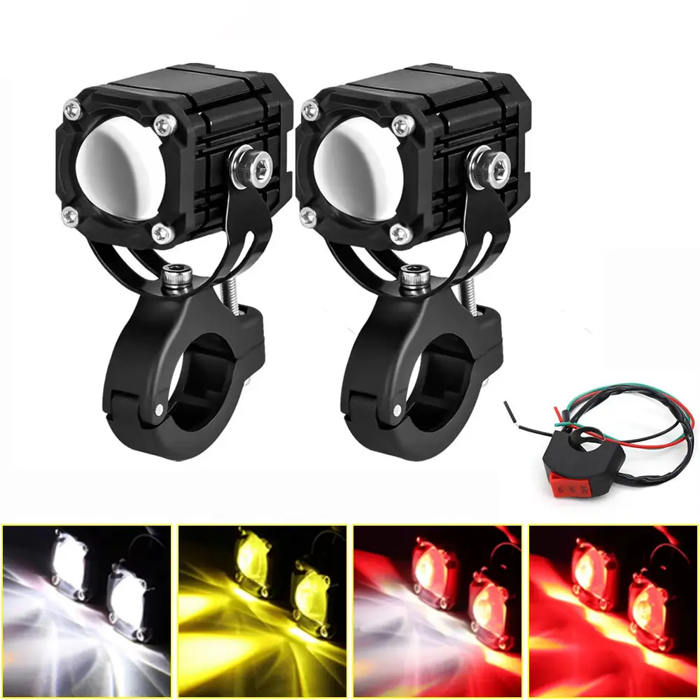 2PCS Motorcycle LED Spotlights, 360° Adjustable Dual-Tri Color Strobe Fog/Running Lights, Universal Motorcycle Accessories for Night Safety Riding