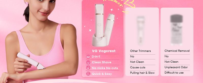 VG VOGCREST Electric Bikini Trimmer & Facial Hair Shaver - IPX7 Waterproof Hair Remover for Women - Comfort