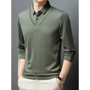 Men'S Casual Breathable Long-Sleeve Pullover Golf Shirt in a Faux Two-Piece Style, Suitable for Spring And Autumn. Top Polo